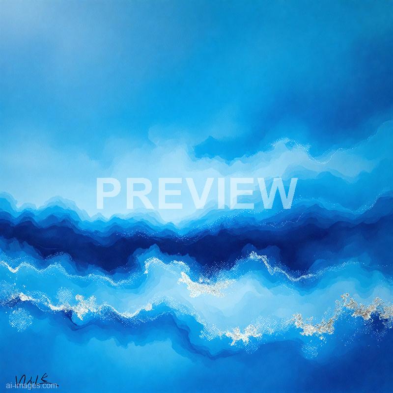 The image features an abstract, watercolor-style painting predominantly in shades of blue, ranging from light sky blue to deep navy. The composition depicts layered, flowing waves or mountain-like formations with dotted white accents that add texture and depth to the scene. The overall effect is a calming and dynamic representation of natural elements, with smooth gradients blending seamlessly into each other. The artist's signature is visible in the lower left corner.